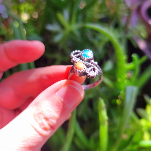 Vintage 925 Sterling Silver Genuine Turquoise Coral Native Ring, sz 4.75 - Picture 4 of 7